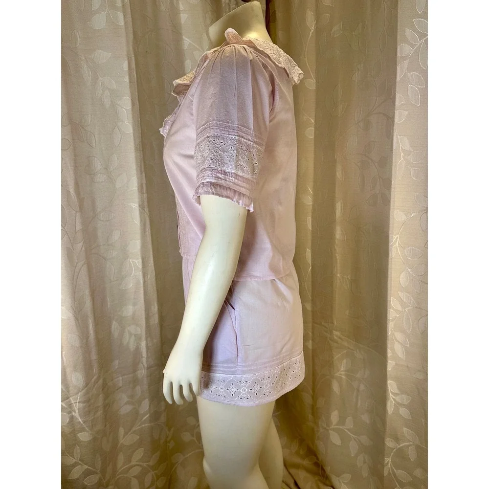 Women's‎ Medium Pink Pajama Set Ruffle Collar Top & Shorts Boho Cottagecore
